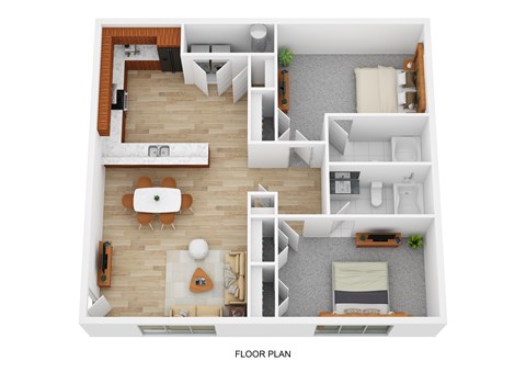 A floor plan of a house with a living room, kitchen, and bedrooms.